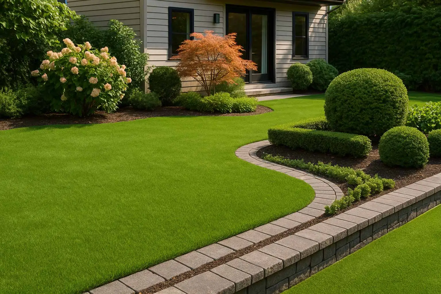 Beautifully landscaped yard with artificial grass, curved stone edging, and neatly trimmed bushes beside a modern home with beige siding and black-framed windows.