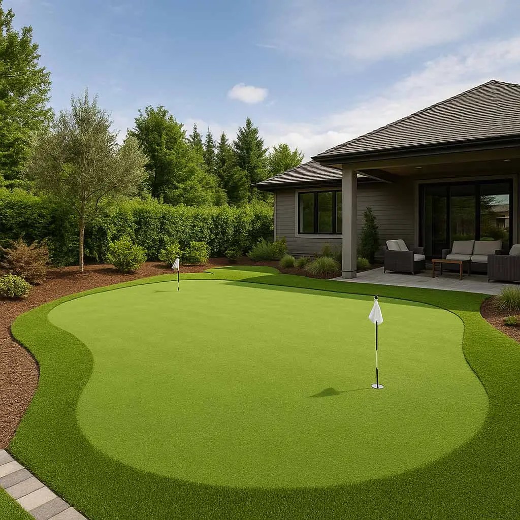 Luxury backyard with a professional artificial turf putting green, golf holes with small flags, stone edging, and landscaped plants beside a modern house in daylight.
