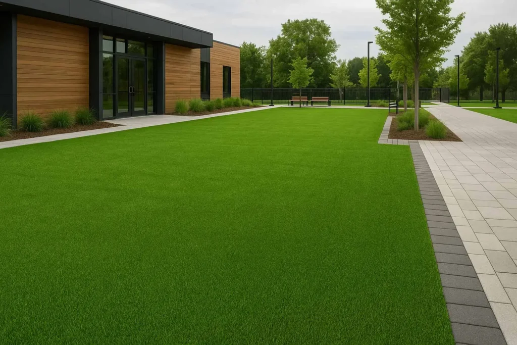 Modern commercial outdoor space with artificial turf, paved walkways, and a contemporary office building surrounded by greenery.