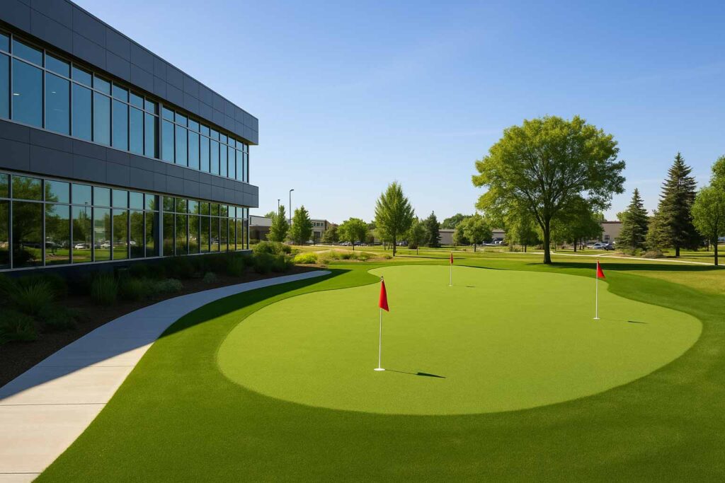 Wide view of a commercial putting green with professional artificial turf, multiple golf holes, landscaped greenery, and a modern clubhouse in the background under bright daylight.