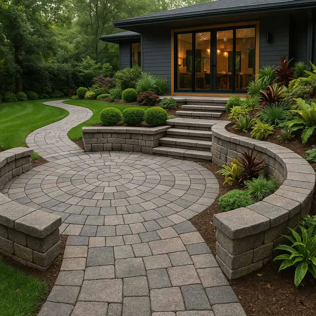 Landscaping team installing stone pavers and building a decorative retaining wall in a modern backyard with plants and natural daylight.