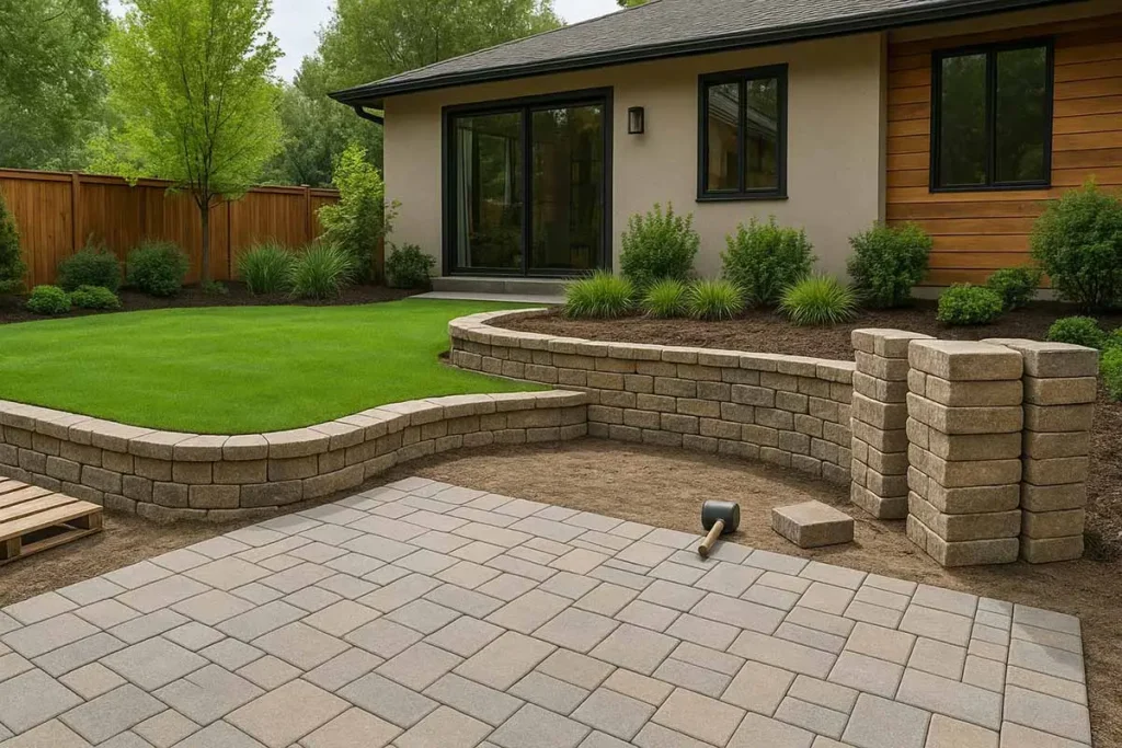 Modern backyard featuring stone paver patio, curved retaining wall, and neatly landscaped garden beside a contemporary home.