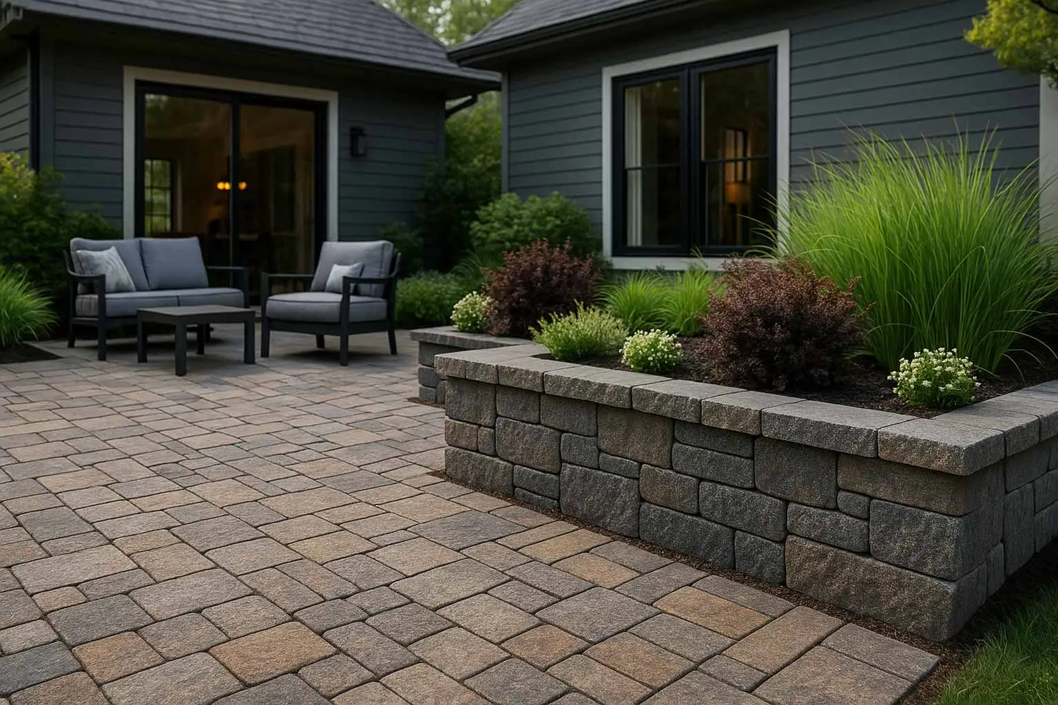 Luxury backyard featuring custom stone pavers, a decorative retaining wall, modern outdoor furniture, and lush greenery beside a contemporary home.