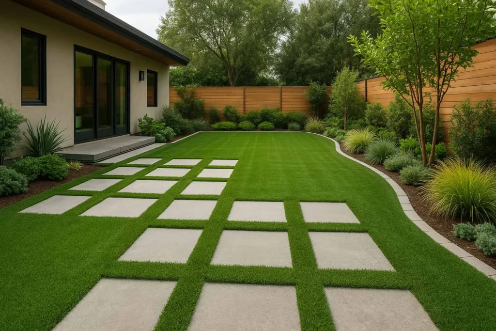Modern backyard featuring artificial turf, stone paver pathway, decorative plants, and a beige contemporary home with wooden fencing and lush greenery.