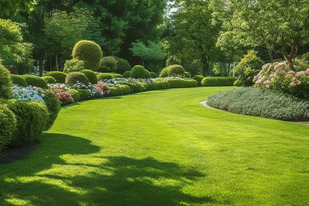 Beautiful landscaped garden with lush green grass and flowering plants under bright sunlight.