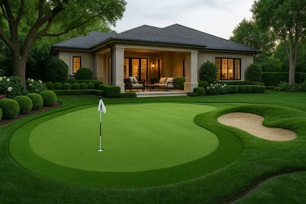 Luxury backyard with artificial turf putting green, sand bunker, and elegant modern home surrounded by manicured landscaping.