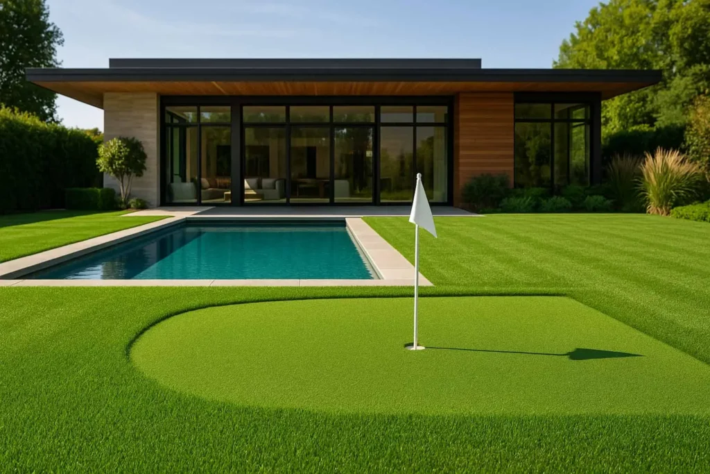 Luxury modern backyard with a swimming pool beside a private house and an artificial grass lawn surrounded by elegant landscaping.
