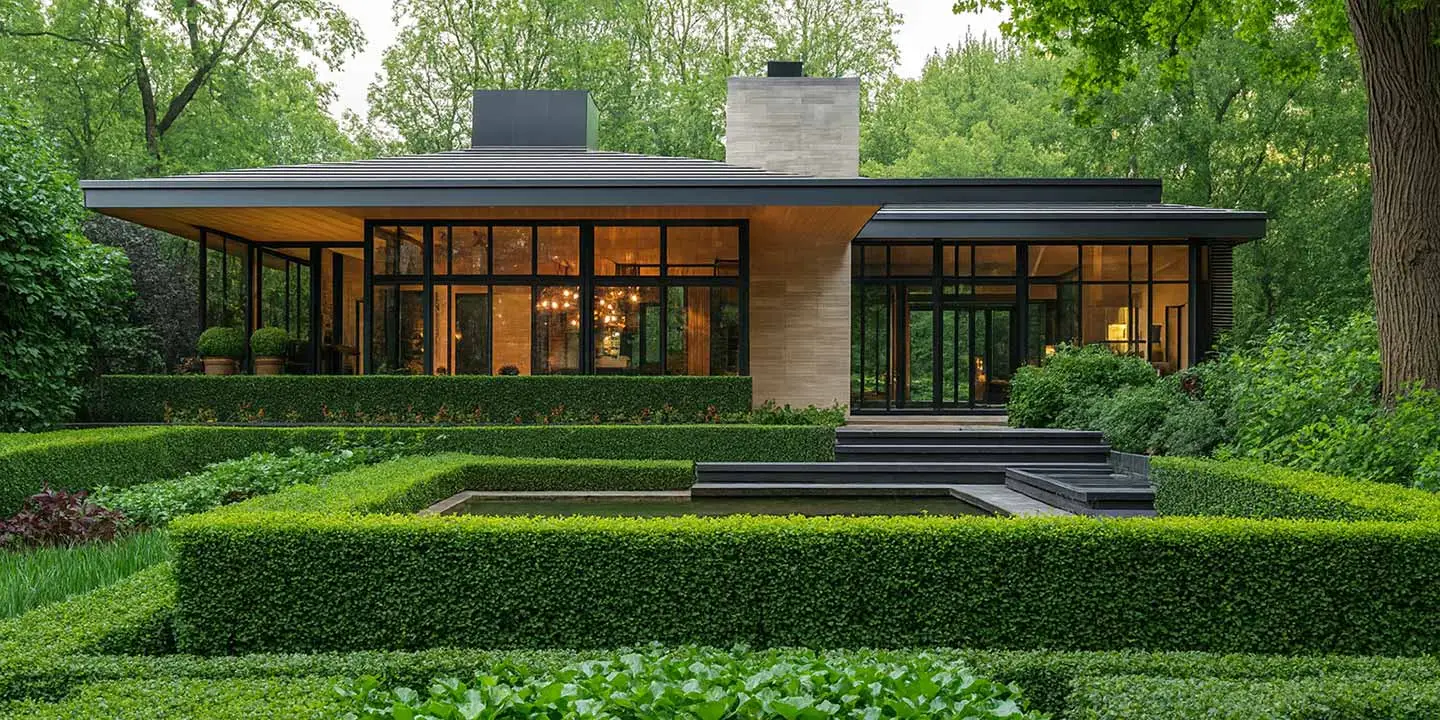 Contemporary private house with large glass windows, surrounded by a landscaped garden and a modern rectangular pond in front.