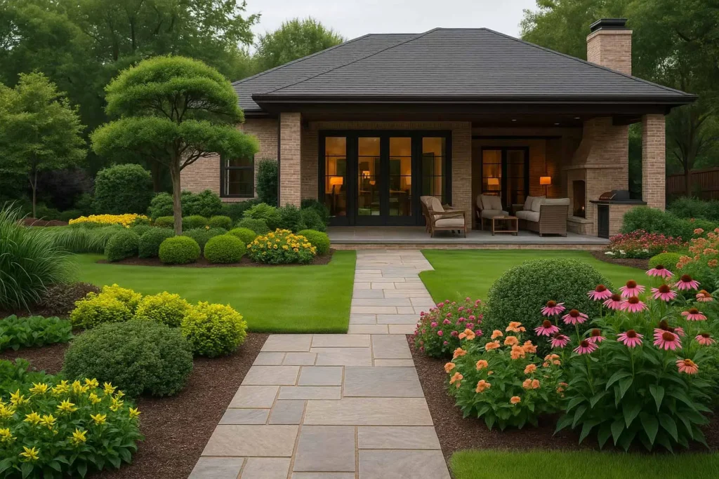 Beautiful landscaped backyard with stone walkway, manicured lawn, colorful flowers, and a modern brick home with outdoor seating and fireplace.