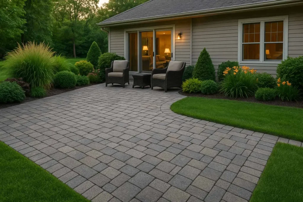 Modern backyard patio with custom stone pavers, geometric pattern, decorative plants, and outdoor furniture in bright natural daylight.