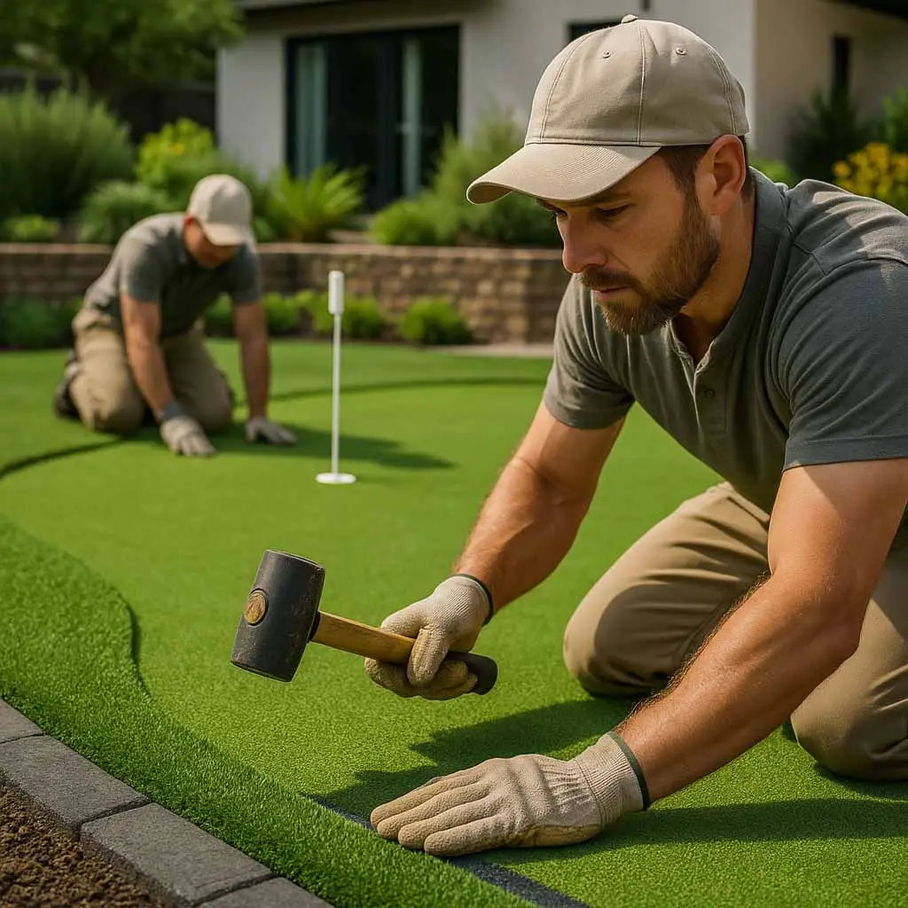Square image of a modern backyard featuring a professional artificial turf putting green with small golf flags, stone edging, and landscaped plants under bright daylight.