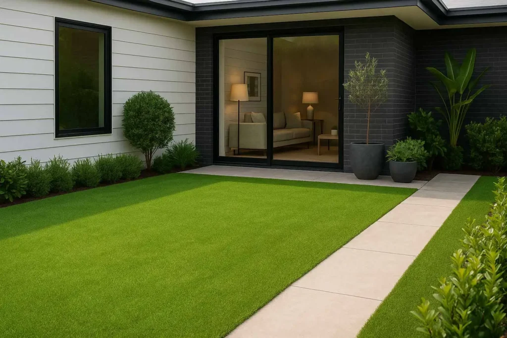 Modern residential backyard with artificial grass lawn, stone pathway, patio furniture, and a contemporary home surrounded by decorative plants.