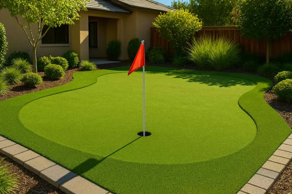 Wide view of a residential backyard with artificial turf putting green, red flag, and modern landscaping under bright daylight.