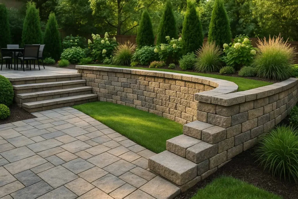 Modern landscaped backyard with a decorative stone retaining wall, layered plants, garden steps, and a contemporary home in bright daylight.