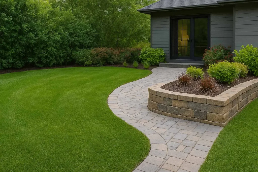 Modern landscaped backyard with stone paver walkway, retaining wall, and neatly trimmed lawn beside a contemporary home.