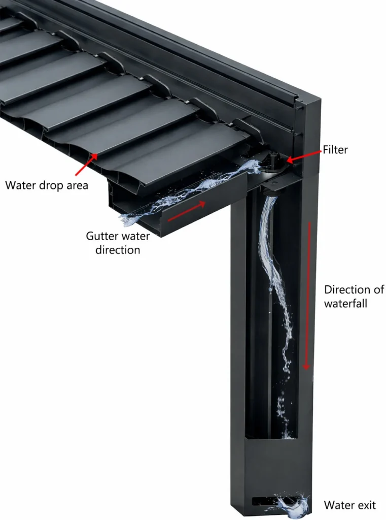 Integrated rainwater drainage system directing water from louver panels through internal gutters and down the pergola post
