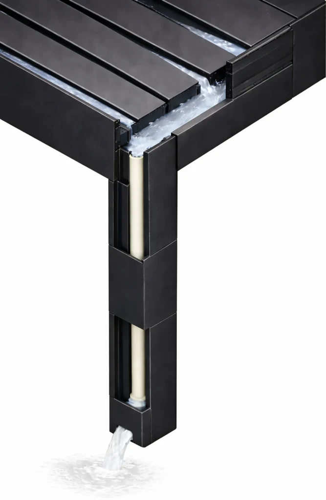 Concealed internal drainage pipe inside pergola post for efficient rainwater management