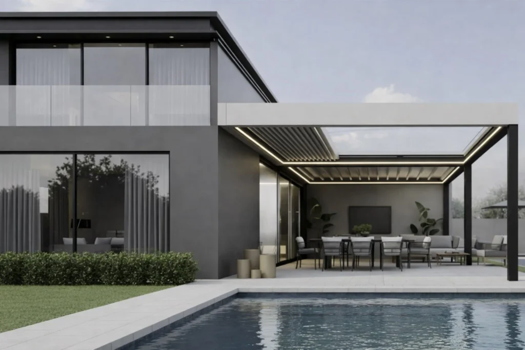 AERO Sky fabric pergola with integrated LED lighting creating a covered outdoor dining area beside a modern home