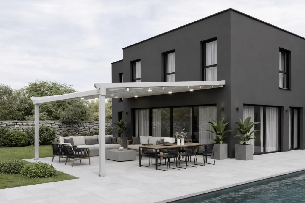 AERO Sky fabric pergola providing adjustable shade for a modern outdoor dining and lounge space