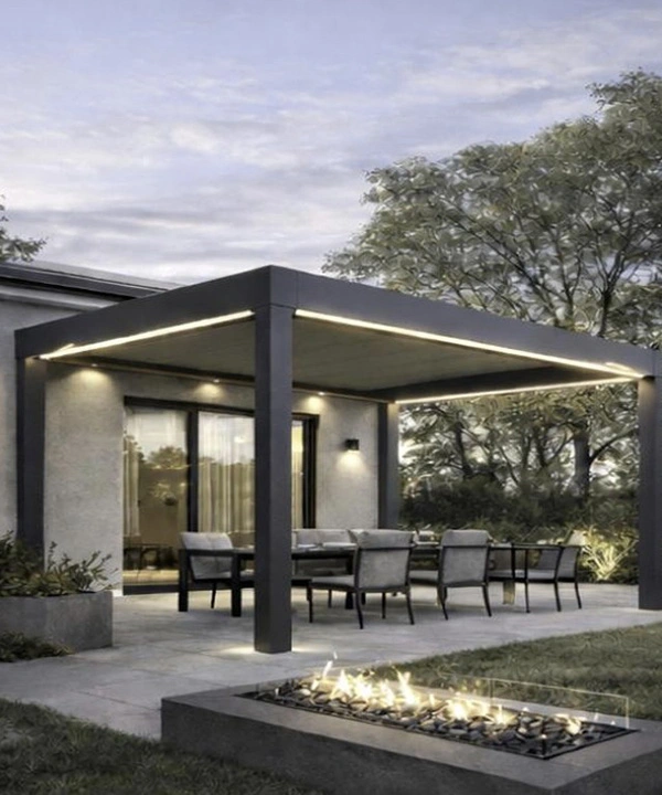 Modern fabric pergola with integrated LED lighting creating a covered outdoor dining area