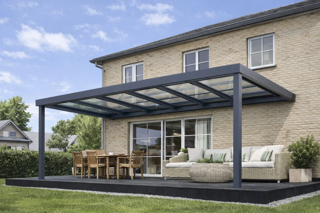 AERO Panoramic glass pergola attached to a house, creating a covered outdoor dining and lounge space