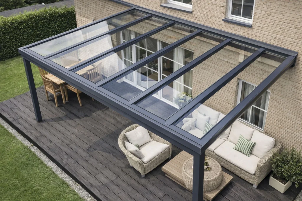 AERO Panoramic glass pergola with a full glass roof system designed for modern outdoor living