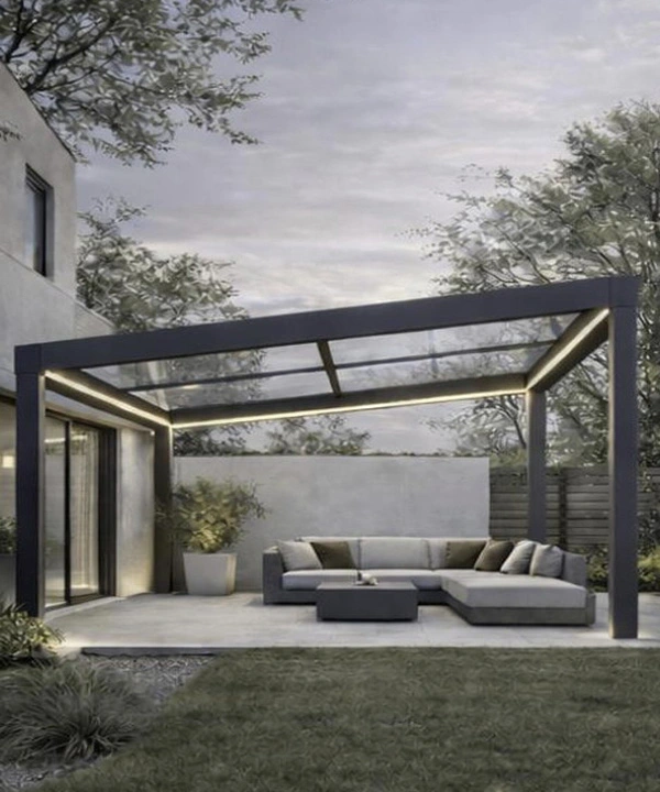 Modern glass pergola with transparent roof and integrated lighting for outdoor lounge space