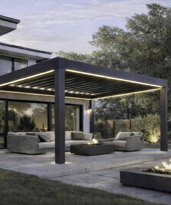 Modern louvered aluminum pergola with adjustable roof slats and integrated LED lighting