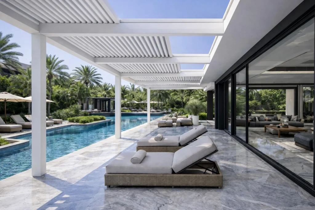 Modern louvered aluminum pergola creating a shaded outdoor living space beside a pool