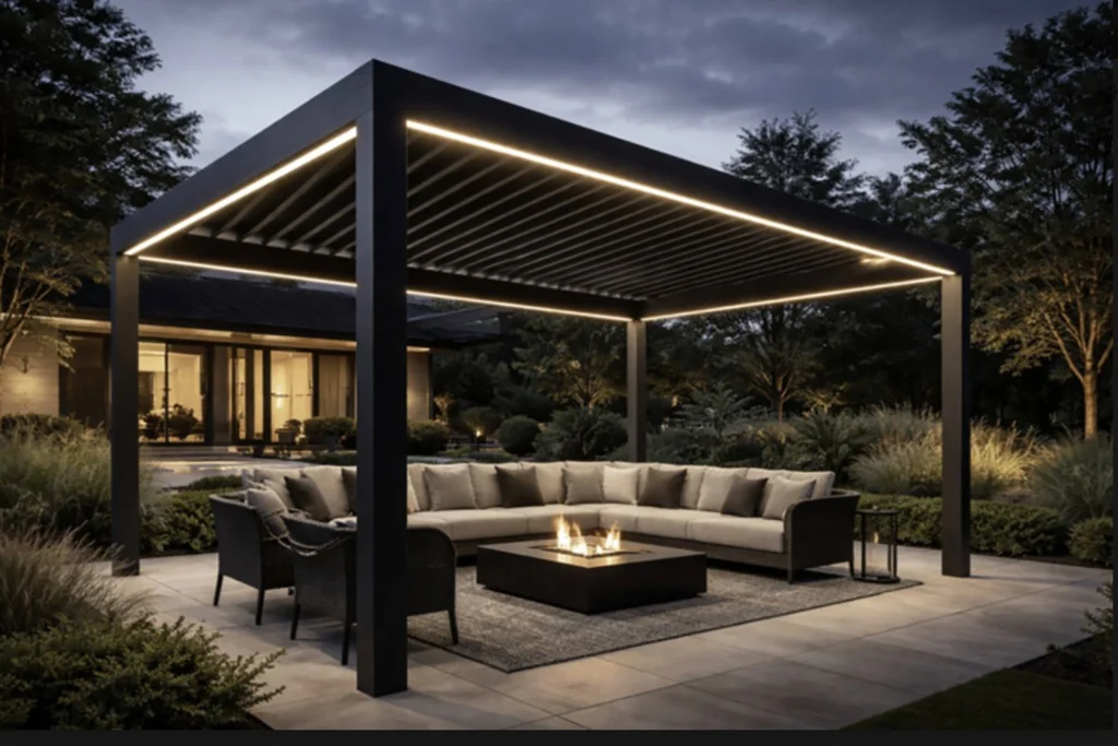 AERO Fusion louvered aluminum pergola with integrated LED lighting creating a luxury outdoor lounge area