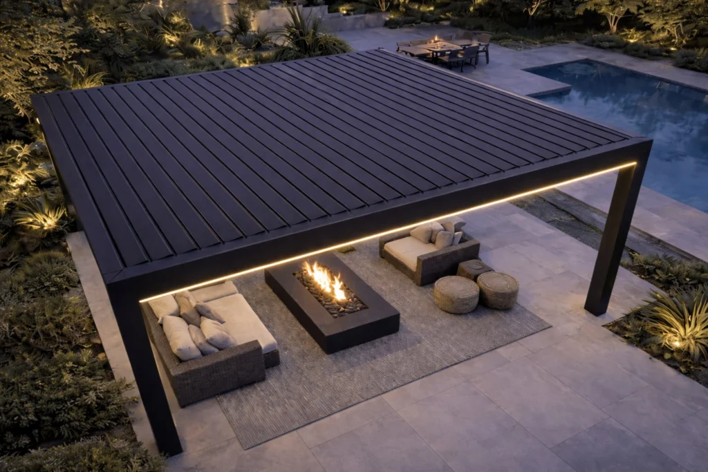 AERO Fusion louvered pergola with fully closed aluminum roof slats providing weather protection and ambient lighting