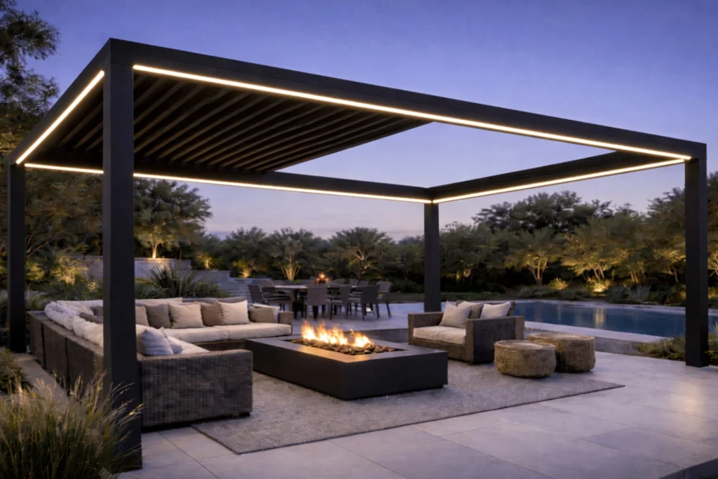AERO Fusion louvered aluminum pergola with adjustable roof slats designed for modern outdoor living by the pool