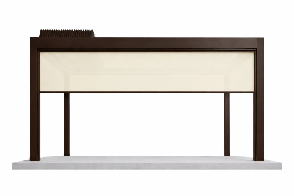 AERO Blind motorized zip screen system providing privacy, shade, and UV protection for pergola structures